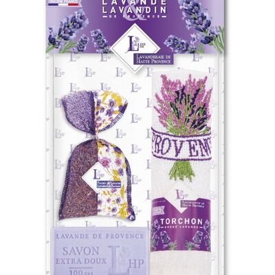 Los 1 Beutel 18 g Lavendel & Lavandin zweifarbiger lila Stoff + 1 Seife 100 g Lavendel + 1 besticktes Geschirrtuch