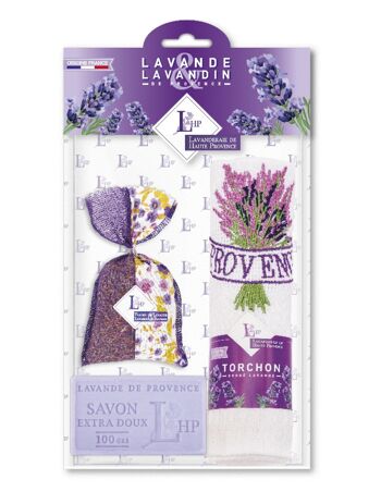 Lot 1 sachet 18 grs Lavender & Lavandin Two-tone Purple Fabric + 1 Soap 100grs Lavender + 1 Embroidered Tea Towel