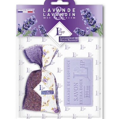 Los 1 Beutel 18 g Lavendel & Lavandin zweifarbiger lila Stoff + 1 Seife 100 g Lavendel