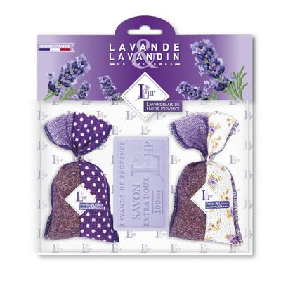 Los 2 Beutel 18 g Lavendel & Lavandin zweifarbiger lila Stoff + 1 Seife 100 g Lavendel