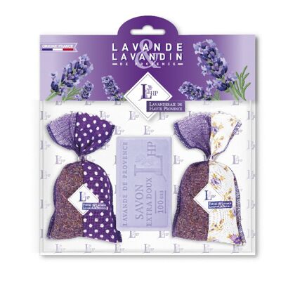 Lot 2 sachets 18 grs Lavender & Lavandin Two-tone Purple Fabric + 1 Soap 100grs Lavender