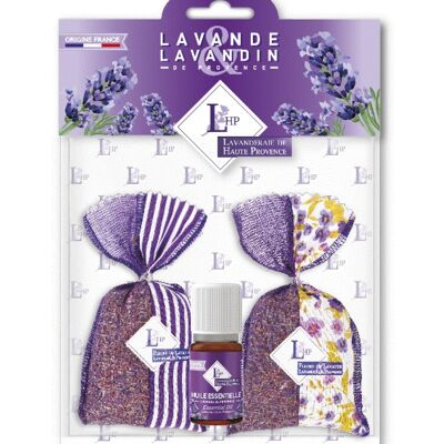 Lot 2 sachets 18 grs Lavande & Lavandin Tissu Bicolore Violet + 1 huile essentielle 10ml Lavandin