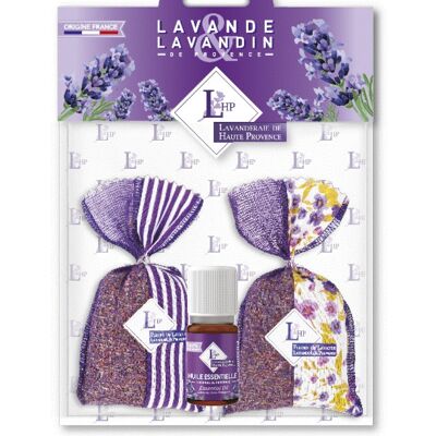 Lot 2 sachets 18 grs Lavender & Lavandin Two-tone Purple Fabric + 1 essential oil 10ml Lavandin