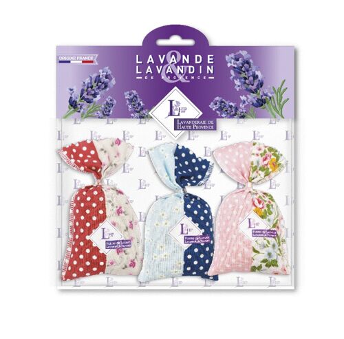 Horizontal set of 3 Lavender and Lavandin sachets 18 grs Provence Patchwork fabric