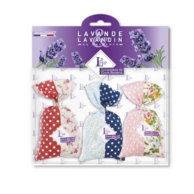Horizontales Set mit 3 Lavendel- und Lavandin-Beutel 18 grs Provence Patchwork-Stoff