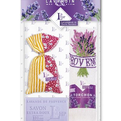 Los 1 Beutel 18 g Lavendel & Lavandin Provence Patchworkstoff + 1 Seife 100 g Lavendel + 1 besticktes Geschirrtuch