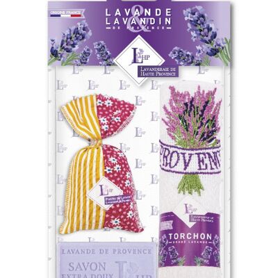 Lot 1 sachet 18 grs Lavender & Lavandin Provence Patchwork Fabric + 1 Soap 100grs Lavender + 1 Embroidered Tea Towel