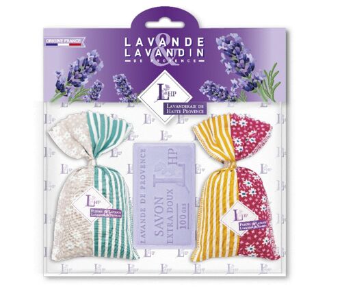 Lot 2 sachets 18 grs Lavender & Lavandin Provence Patchwork Fabric + 1 Soap 100grs Lavender