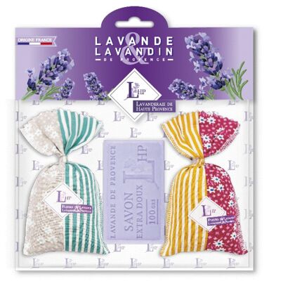 Lote 2 sobres 18 grs Lavanda & Lavandín Tela Provence Patchwork + 1 Jabón 100grs Lavanda