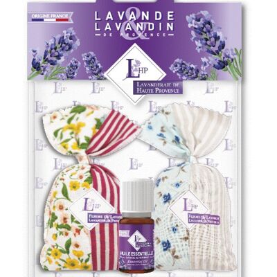 Lotto 2 bustine 18 grs Lavanda & Lavandin Tessuto Patchwork Provence + 1 olio essenziale 10ml Lavandin