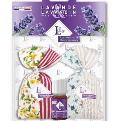 Lot 2 sachets 18 grs Lavender & Lavandin Provence Patchwork Fabric + 1 essential oil 10ml Lavandin