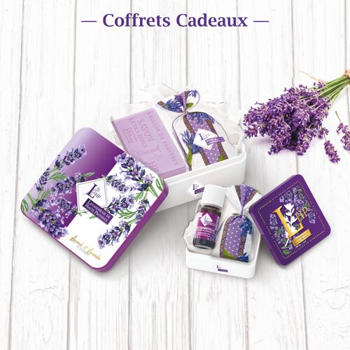 Coffret Boite métal N°1 contenant 1 Savon 100 grs Lavande + 1 sachet 18 grs Lavande & Lavandin