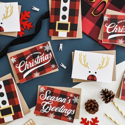 Paquete de tarjetas navideñas de cuadros vichy rojo y negro
