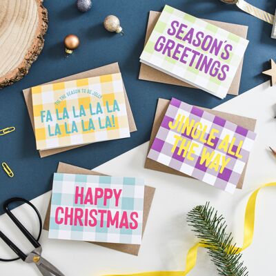 Paquete de tarjetas navideñas de cuadros vichy coloridos