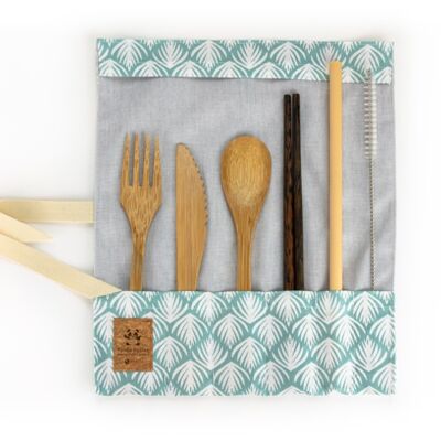 Bamboo cutlery set with chopsticks - turquoise pattern