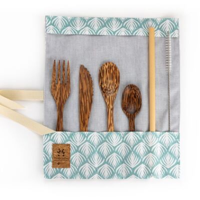 Coconut wood cutlery set with chopsticks - turquoise pattern 2