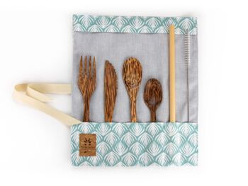 Set de couverts en bois de cocotier avec baguettes - motif turquoise 2 1