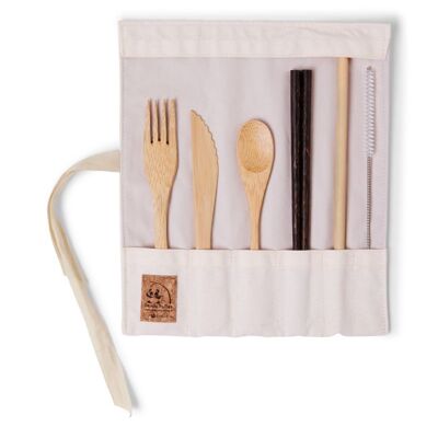 Bamboo cutlery set with chopsticks - ecru fabric