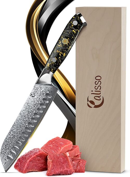 Santoku Damast Knife Black and Gold - GOLD&ASH