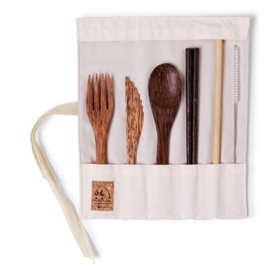 Coconut wood cutlery set with chopsticks - ecru fabric