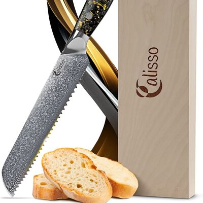 Bread Knife Damascus Knife Black and Gold - GOLD&ASH