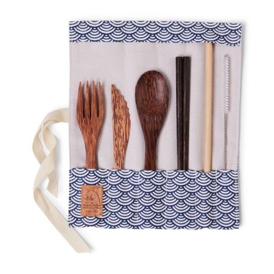 Set de couverts en bois de cocotier avec baguettes -  tissu écailles bleues