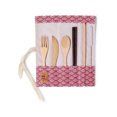 Bamboo cutlery set with chopsticks - red scale fabric