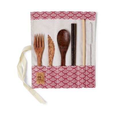 Coconut wood cutlery set with chopsticks - red scale fabric