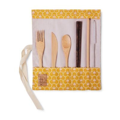 Bamboo cutlery set with chopsticks - yellow hexagons fabric