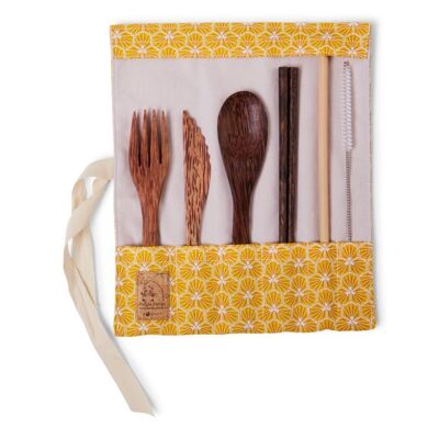 Coconut wood cutlery set with chopsticks - yellow hexagons fabric