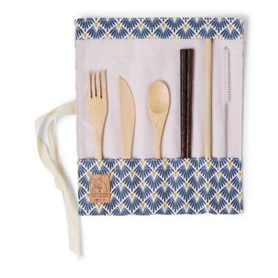 Bamboo cutlery set with chopsticks - blue peacock fabric