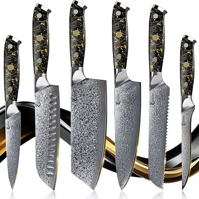 Ensemble de couteaux Advanced Set 67 couches en acier de Damas noir et or - GOLD&ASH