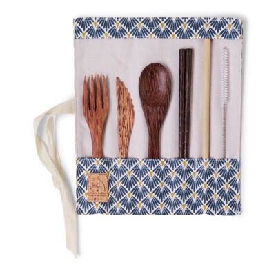 Coconut wood cutlery set with chopsticks - blue peacock fabric