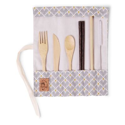 Bamboo cutlery set with chopsticks - gray peacock fabric