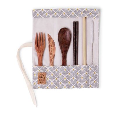 Coconut wood cutlery set with chopsticks - gray peacock fabric