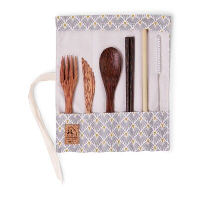 Set de couverts en bois de cocotier avec baguettes - tissu paon gris