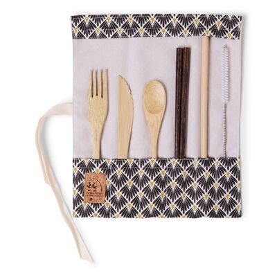 Bamboo cutlery set with teaspoon - black peacock fabric