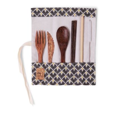 Coconut wood cutlery set with chopsticks - black peacock fabric