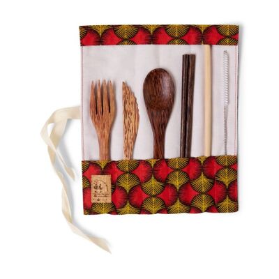 Coconut wood cutlery set with chopsticks - papyrus fabric