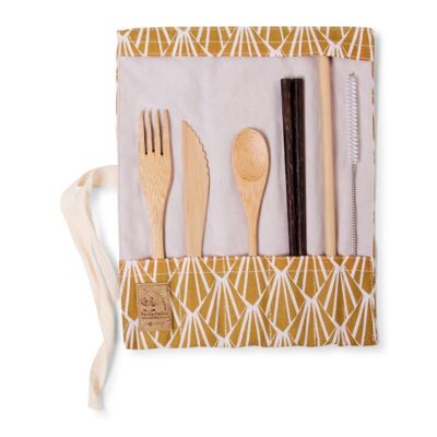Bamboo cutlery set with chopsticks - mustard petal fabric