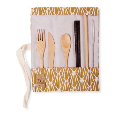 Bamboo cutlery set with teaspoon - mustard petal fabric 2