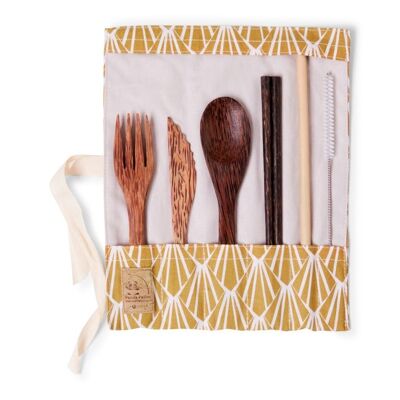 Coconut wood cutlery set with chopsticks - mustard petal fabric