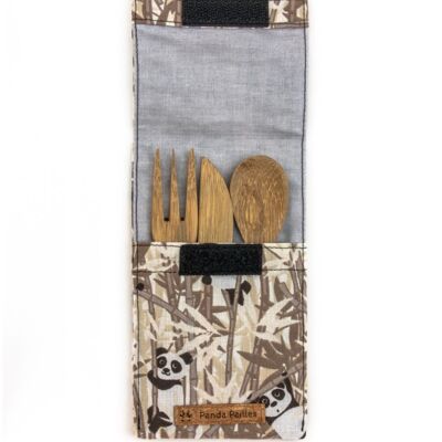 Children's cutlery set - brown panda fabric