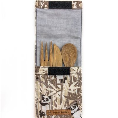 Children's cutlery set - brown panda fabric