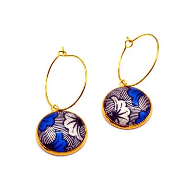 golden creole earrings wax blue white flowers with glass cabochon