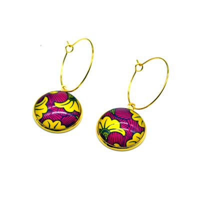 boucles d'oreilles créoles dorées fleurs wax rose jaune avec cabochon de verre