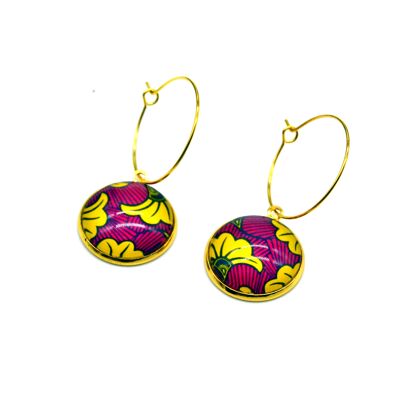 golden creole earrings yellow rose wax flowers with glass cabochon