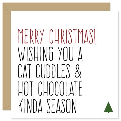 Tarjeta de Navidad con abrazos de gato y chocolate caliente