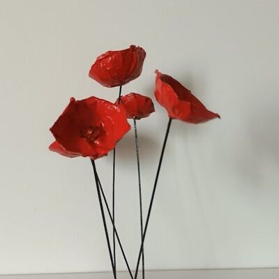 5 COQUELICOTS SUR BLOC, fait main, papier mâché, 27 cm de haut