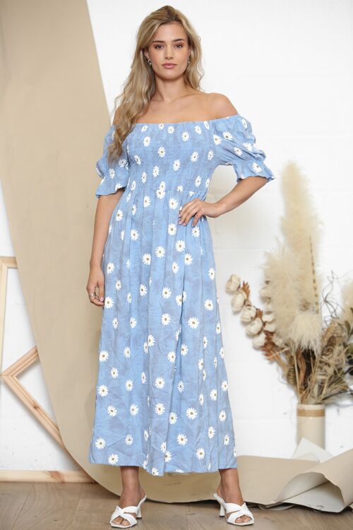 Baby blue Daisy print off the shoulder dress